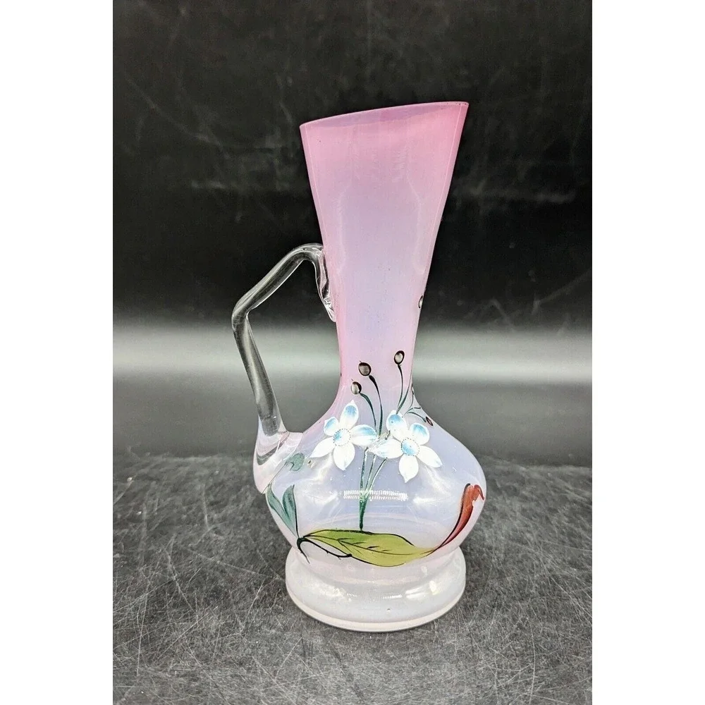 Antique Hand Painted Enameled Victorian Art Glass Pitcher Ewer Pink 6.75